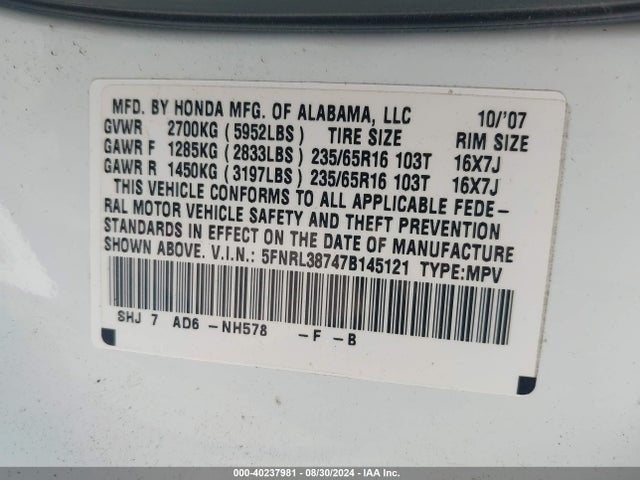 Aukcja sprzedaży 2007 Honda Odyssey Ex-l, vin: 5FNRL38747B145121, numer aukcji: 40237981