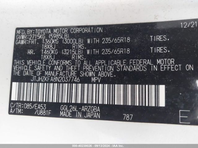 JTJHZKFA8N2037746 Lexus Rx 350l