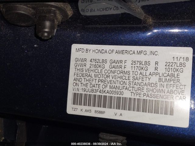 19UUB3F45KA005930 Acura Tlx Tech Pkg