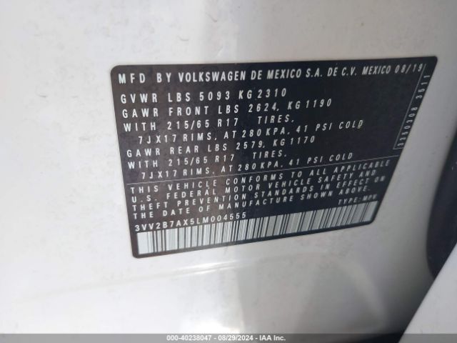 3VV2B7AX5LM004555 Volkswagen Tiguan 2.0t Se/2.0t Se R-line Black/2.0t Sel