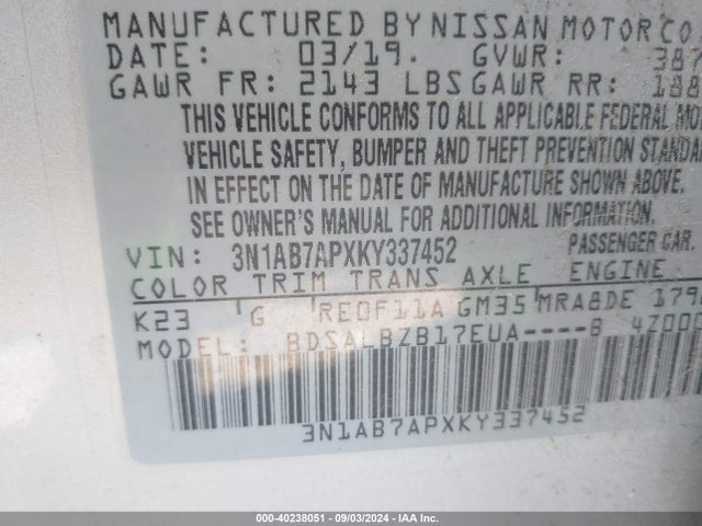 Nissan SENTRA S 2019 3N1AB7APXKY337452 Image 9