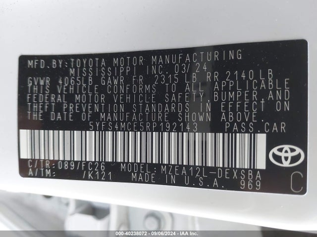 Toyota COROLLA SE 2024 5YFS4MCE5RP192143 Image 9