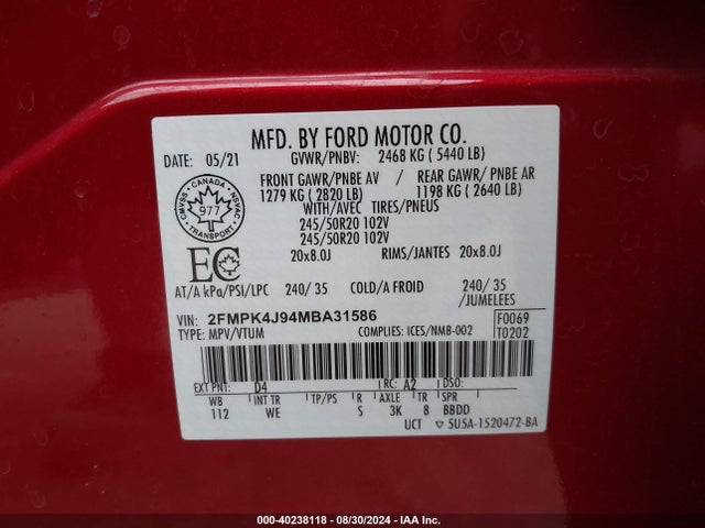 Ford Edge St Line 2021 2FMPK4J94MBA31586 Image 9