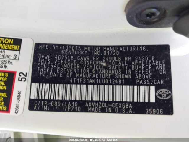 4T1F31AK1LU012481 Toyota Camry Xle Hybrid