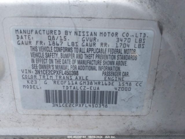 3N1CE2CPXFL450398 Nissan Versa Note S Plus