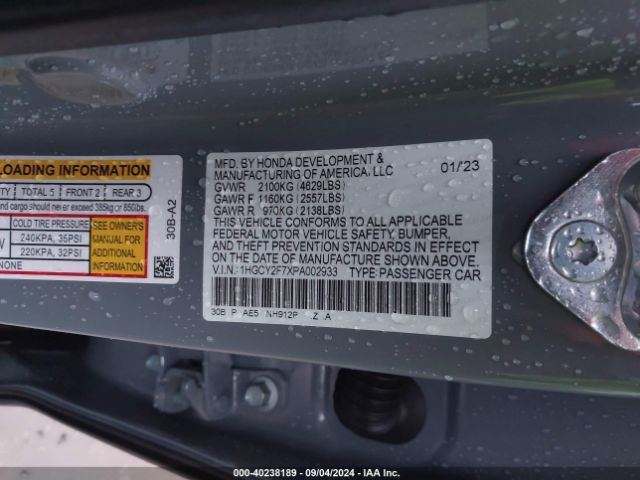 1HGCY2F7XPA002933 Honda Accord Hybrid Sport-l