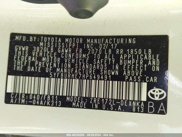 Toyota COROLLA LE 2017 5YFBURHE7HP649491 Image 9