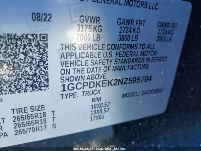1GCPDKEK2NZ595784 Chevrolet Silverado 1500 4wd  Short Bed Lt With 2fl
