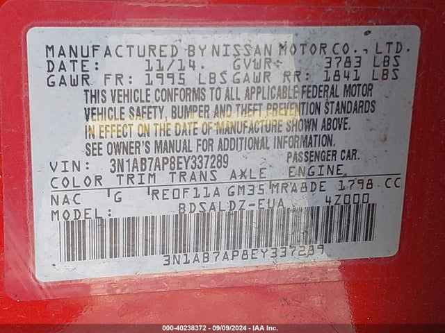 Nissan SENTRA SV 2014 3N1AB7AP8EY337289 Image 9