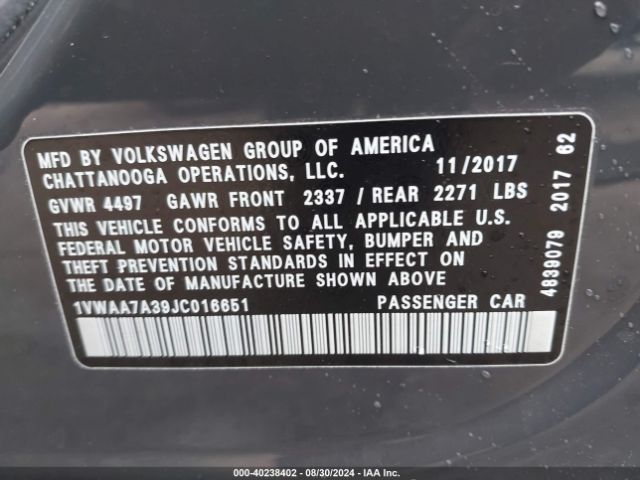 1VWAA7A39JC016651 Volkswagen Passat 2.0t R-line/2.0t S