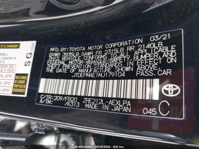 JTDEPMAE1MJ179104 Toyota COROLLA LE