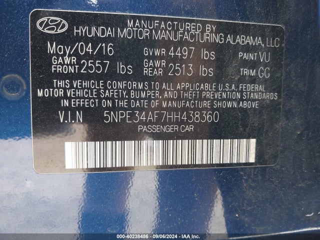 Hyundai Sonata Limited 2017 5NPE34AF7HH438360 Image 9