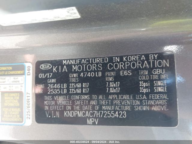 KNDPMCAC7H7255423 KIA Sportage Lx