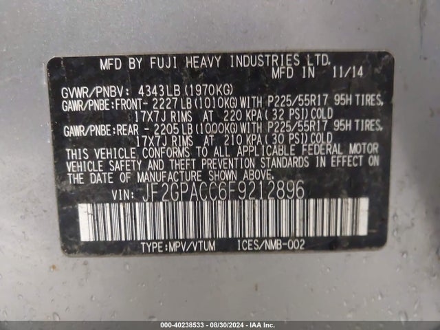JF2GPACC6F9212896 Subaru Xv Crosstrek 2.0i Premium