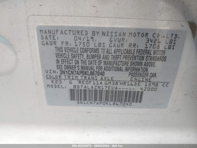 3N1CN7AP0KL867040 Nissan Versa 1.6 S+