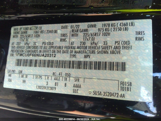 Ford ESCAPE S 2022 1FMCU0F66NUA20312 Image 9