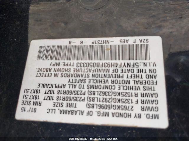 5FNYF4H93FB050333 Honda Pilot Touring
