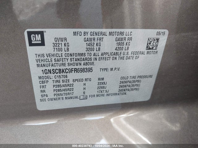 Chevrolet Tahoe Lt 2015 1GNSCBKC9FR698395 Image 9