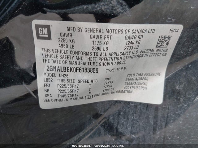 Chevrolet EQUINOX 1LT 2015 2GNALBEK0F6183859 Image 9