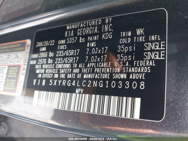 KIA SORENTO LX 2022 5XYRG4LC2NG103308 Image 9