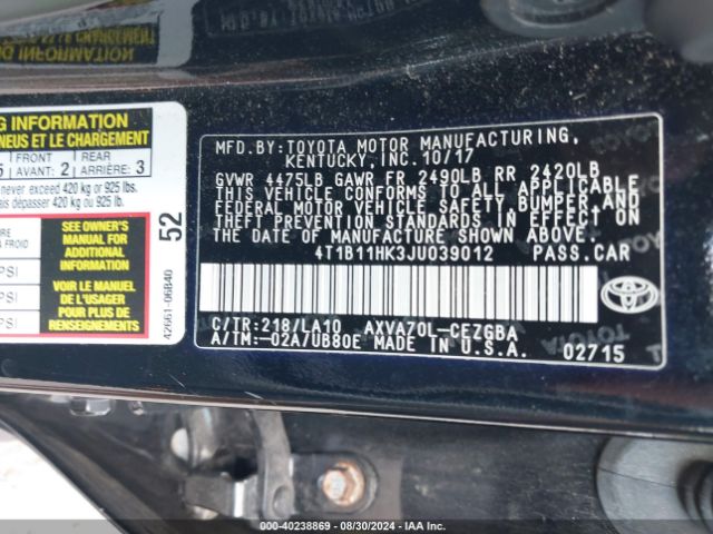 4T1B11HK3JU039012 Toyota CAMRY XLE