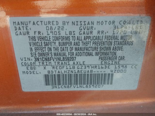 3N1CN8FV1NL859207 Nissan Versa 1.6 Sr Xtronic Cvt