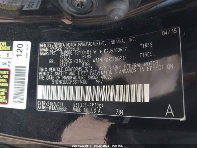 5TDYK3DC0FS611400 Toyota Sienna Xle 8 Passenger