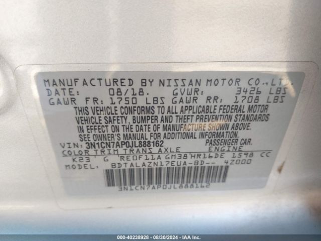 3N1CN7AP0JL888162 Nissan Versa 1.6 S+
