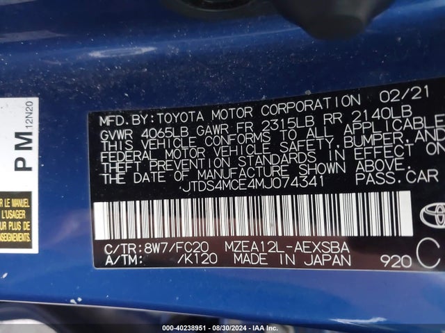 Toyota COROLLA SE 2021 JTDS4MCE4MJ074341 Image 9
