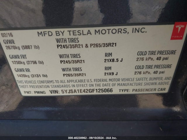 2016 TESLA MODEL S 5YJSA1E42GF125066 Photo 8