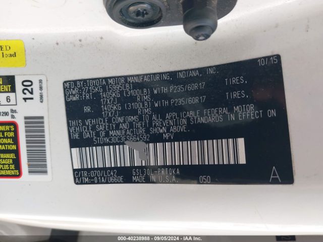 5TDYK3DC3FS664592 Toyota Sienna Xle 8 Passenger