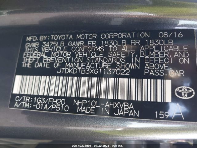 JTDKDTB3XG1137022 Toyota Prius C One
