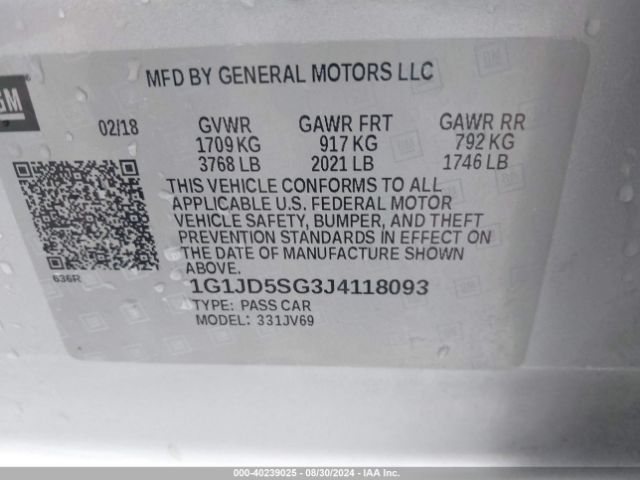 1G1JD5SG3J4118093 Chevrolet Sonic Lt Auto
