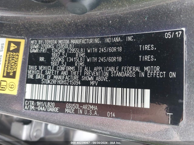 Toyota Highlander Xle 2017 5TDKZRFH0HS215094 Image 9