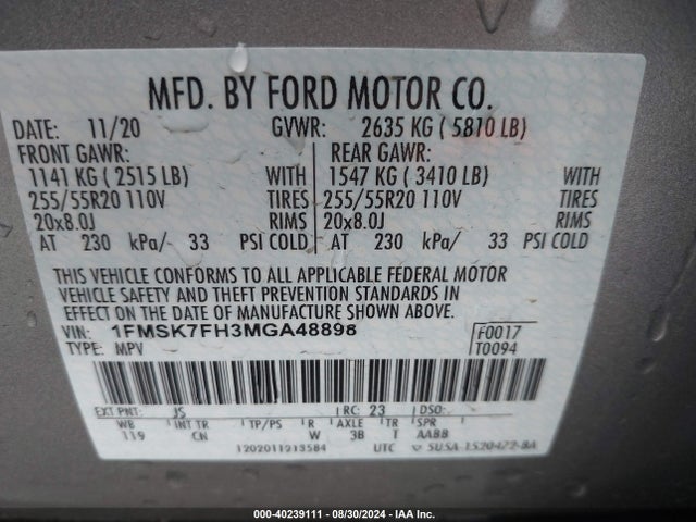 Ford Explorer Limited 2021 1FMSK7FH3MGA48898 Image 9