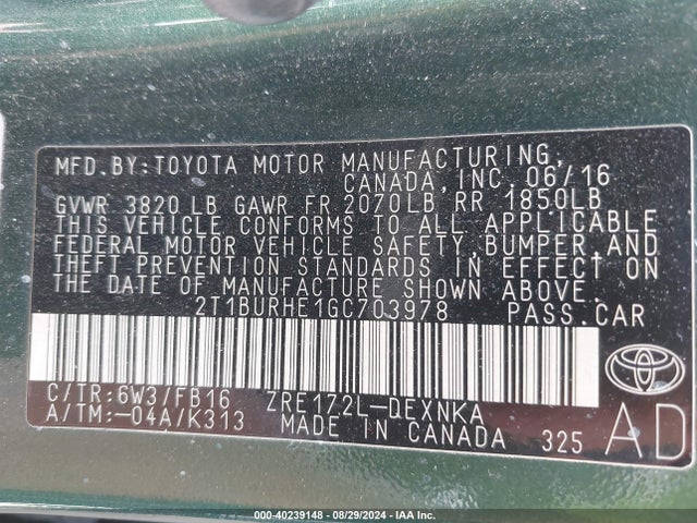 Toyota COROLLA LE 2016 2T1BURHE1GC703978 Image 9