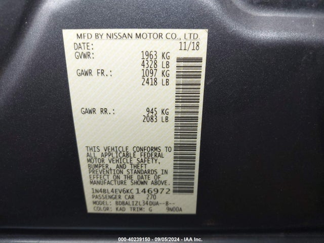 Nissan Altima 2.5 Sl 2019 1N4BL4EV6KC146972 Image 9
