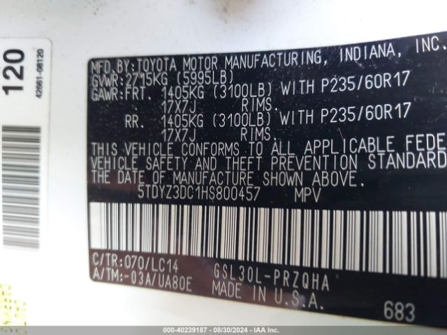 5TDYZ3DC1HS800457 Toyota Sienna Xle 8 Passenger