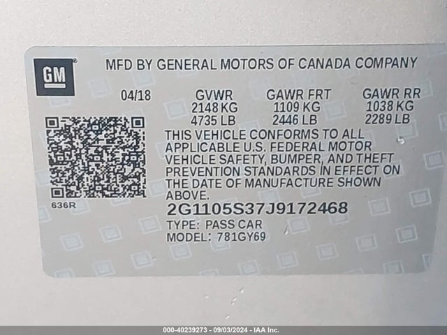 Chevrolet IMPALA 1LT 2018 2G1105S37J9172468 Image 9