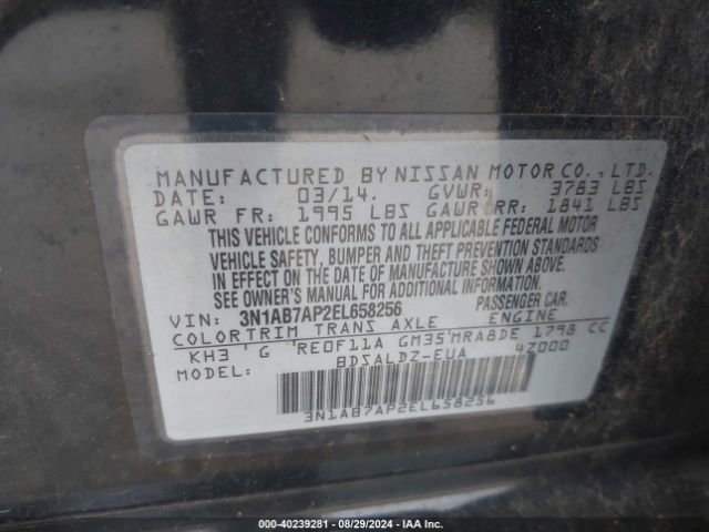 3N1AB7AP2EL658256 Nissan Sentra Fe+ S/fe+ Sv/s/sl/sr/sv