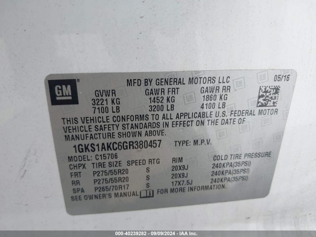 1GKS1AKC6GR380457 GMC YUKON SLE