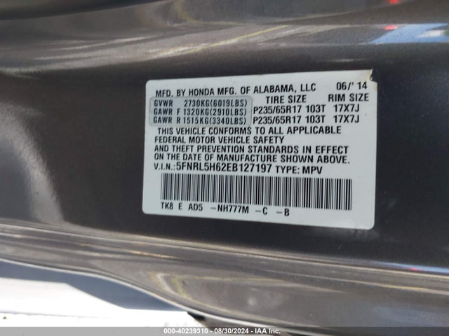 Honda Odyssey Ex-l 2014 5FNRL5H62EB127197 Image 9