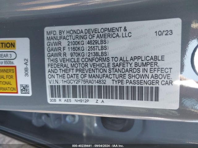 1HGCY2F75RA014832 Honda Accord Hybrid Sport-l