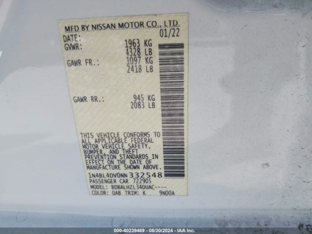 1N4BL4DV0NN332548 Nissan Altima Sv Fwd