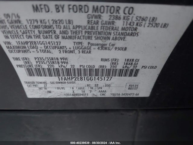 Ford TAURUS SEL 2016 1FAHP2E81GG145127 Image 9