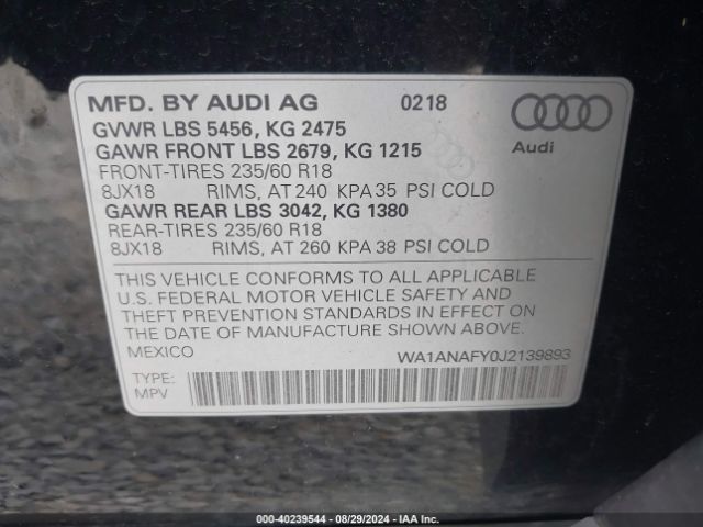 WA1ANAFY0J2139893 Audi Q5 2.0t Premium/2.0t Tech Premium