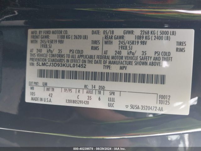 5LMCJ3D93KUL01452 Lincoln Mkc Reserve