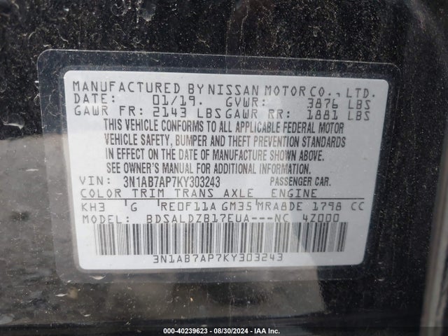 Nissan SENTRA SV 2019 3N1AB7AP7KY303243 Image 9