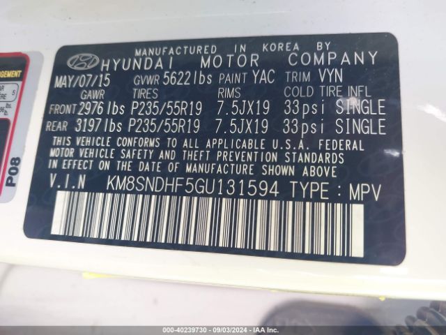 KM8SNDHF5GU131594 Hyundai Santa Fe Se