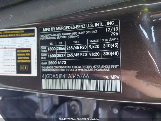 4JGDA5JB4EA345766 Mercedes-Benz ML 350